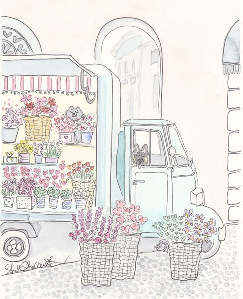 Flower Truck with Dog and Cat art print shell sherree
