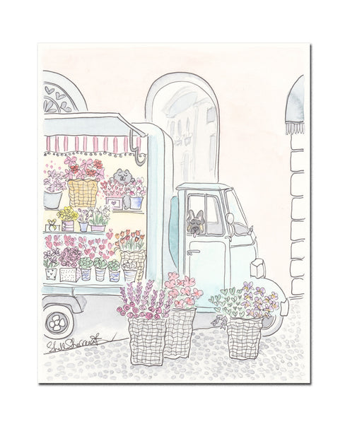Flower Truck with Dog and Cat art print shell sherree