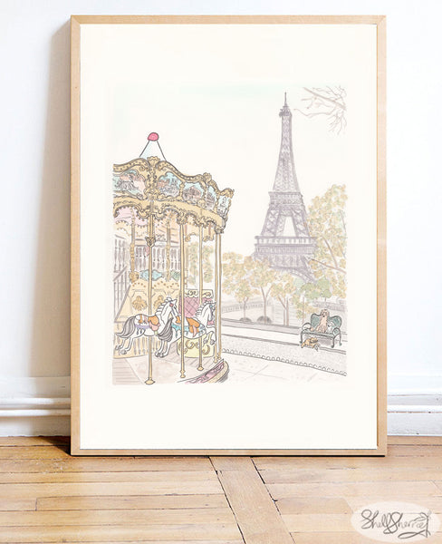 paris wall art carousel Trocadero Eiffel Tower french art by shell sherree