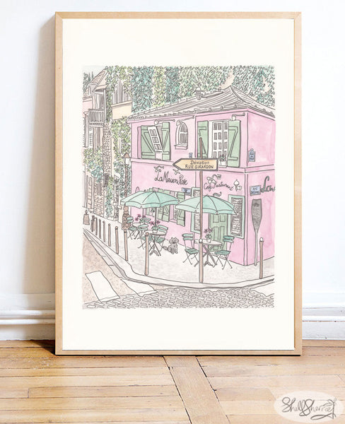 pink la maison rose montmartre paris french wall art print illustration by shell sherree