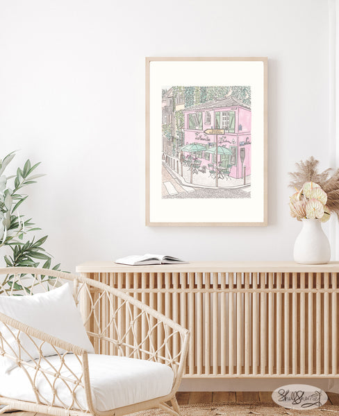 pink la maison rose montmartre paris french wall art print illustration by shell sherree