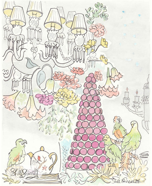 birds macarons chandelier chinoiserie art by shell sherree