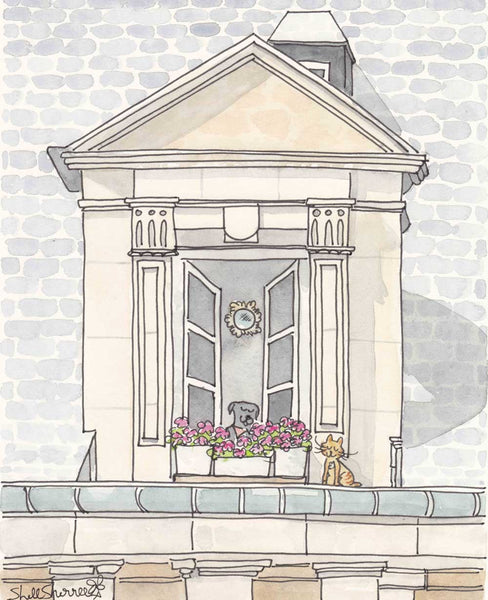 paris window apartment with dog and cat art by shell sherree