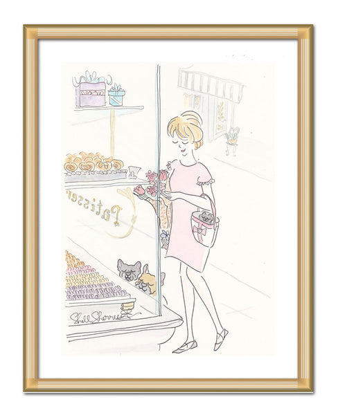 Patisserie Window Shopping with French Bulldogs in Paris art by Shell Sherree