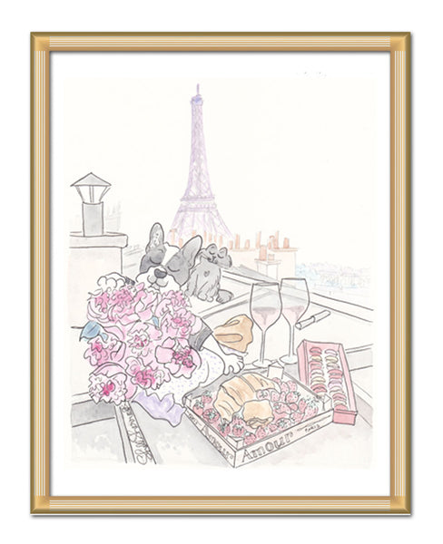 french nursery wall art of paris rooftop picnic with french bulldog black cat shell sherree art print
