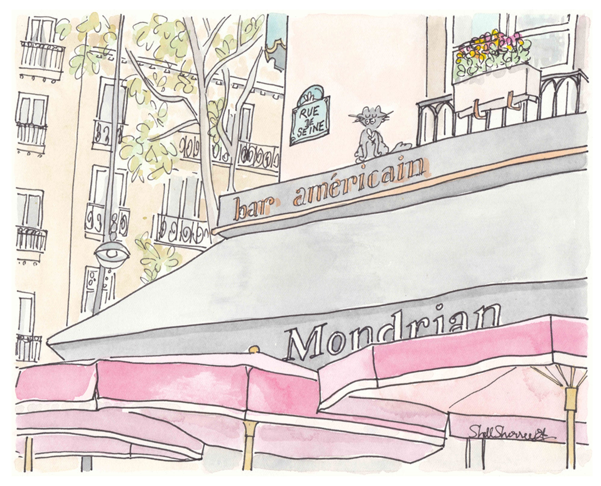 paris cafe art print bar americain with red umbrellas illustration art by shell sherree