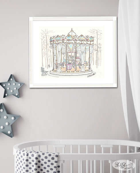 A framed watercolor art print by artist Shell Sherree of a carousel, styled on a light gray nursery wall 
