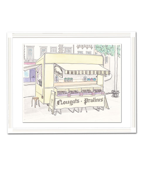 french wall art Paris Yellow sweets cart van striped awning nougat cart illustration watercolour by shell sherree example in white frame 