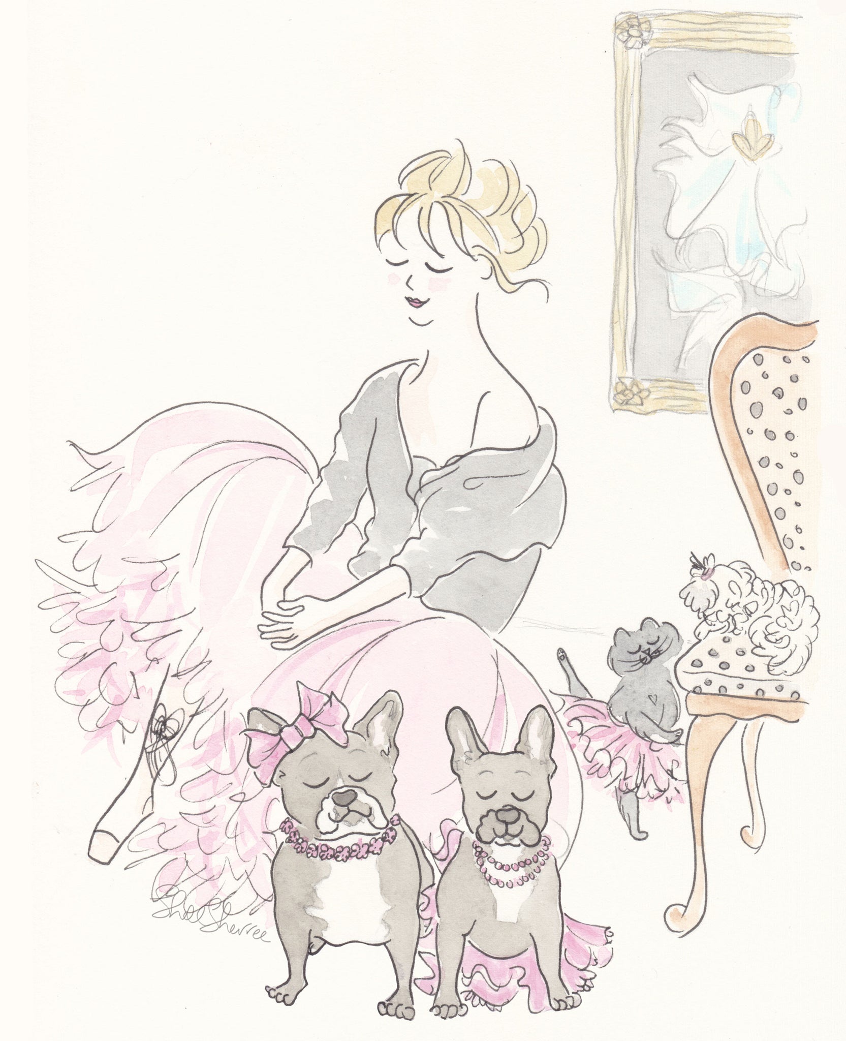 nursery art print ballet french bulldogs and cat by shell sherree, woman wearing tutu with cat and frenchie dogs wearing tutus