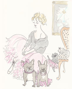 nursery art print ballet french bulldogs and cat by shell sherree, woman wearing tutu with cat and frenchie dogs wearing tutus