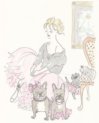nursery art print ballet french bulldogs and cat by shell sherree, woman wearing tutu with cat and frenchie dogs wearing tutus