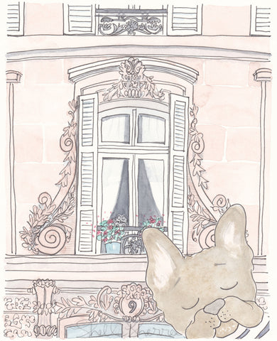pretty paris window and french bulldog art by shell sherree