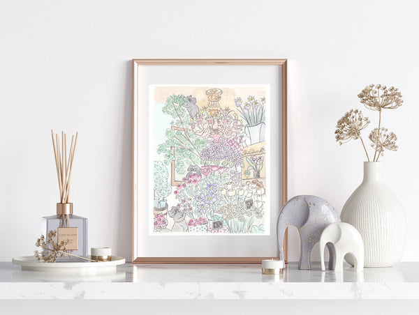 paris french flower shop print with cats art by shell sherree