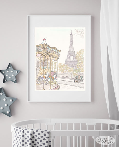paris wall art carousel Trocadero Eiffel Tower french art by shell sherree