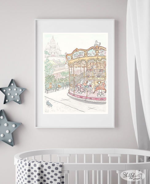 french wall art carousel paris montmartre sacre coeur by shell sherree, french nursery art, paris nursery