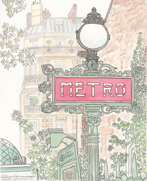 paris metro sign buildings and greenery french wall art print by shell sherree