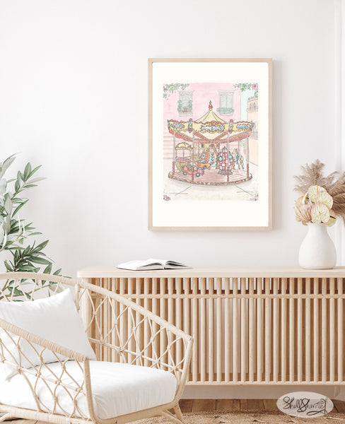 french carousel wall art print with rocket ship, hot air balloon, vintage plane, car, pony by shell sherree
