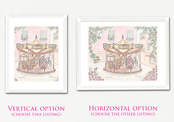 french carousel wall art print with rocket ship, hot air balloon, vintage plane, car, pony by shell sherree