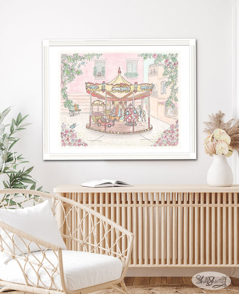 french carousel wall art travel transport theme pink and flowers by shell sherree