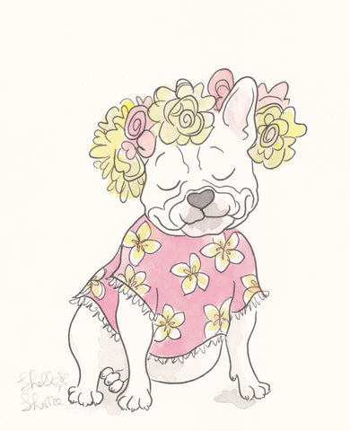 french bulldog wall art, pretty white frenchie with flowers and frangipani art by shell sherree