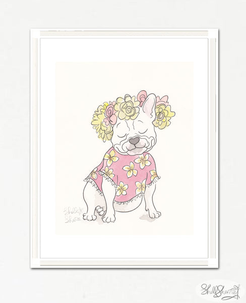 french bulldog wall art, pretty white frenchie with flowers and frangipani art by shell sherree