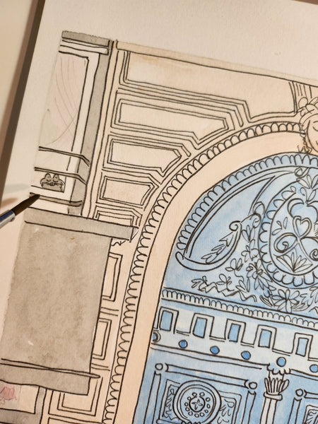 French wall art Close-up of a detailed architectural drawing by Shell Sherree artist with decorative details - Paris arched doors in turquoise duck egg blue in beautiful building