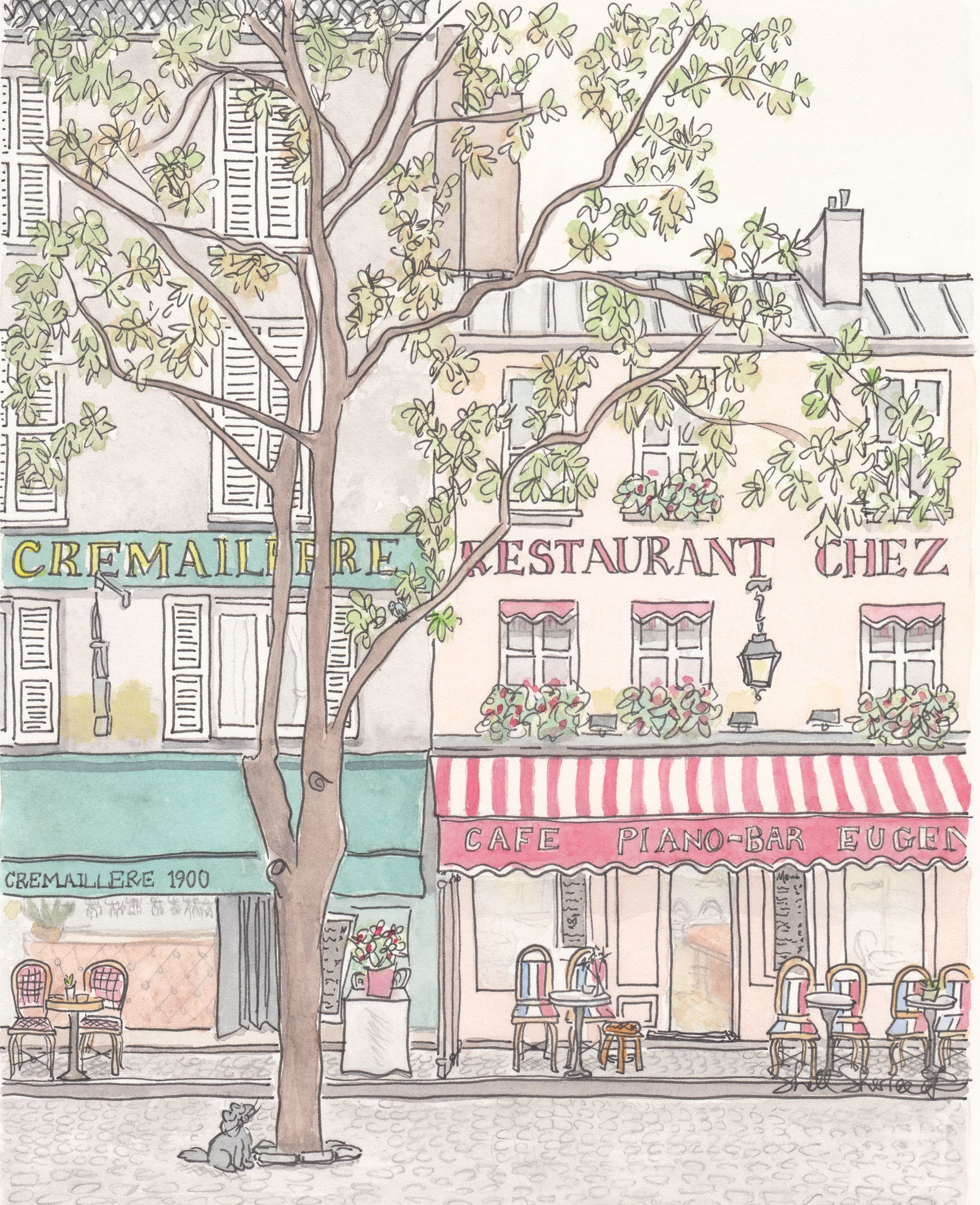 paris cafe street scene with tree and cat french wall art print by shell sherree