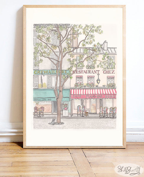 paris cafe street scene with tree and cat french wall art print by shell sherree