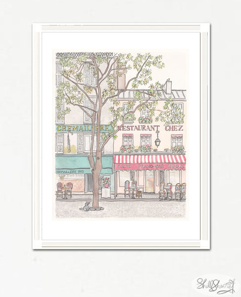 paris cafe street scene with tree and cat french wall art print by shell sherree
