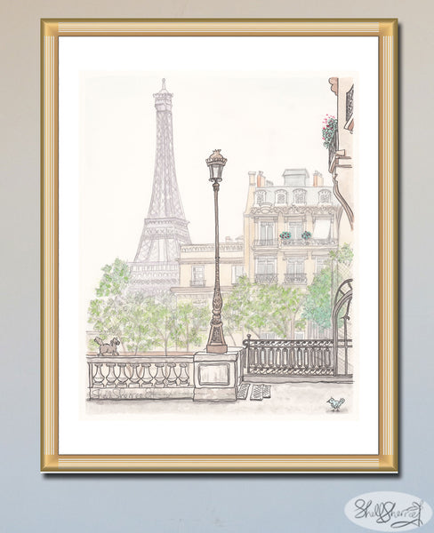 illustration french wall art of eiffel tower Paris with street lamp, trees, buildings and cute cat by shell sherree