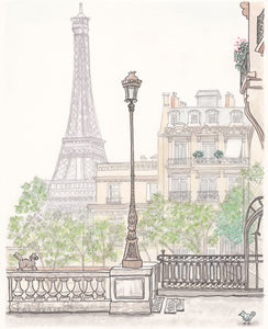 illustration french wall art of eiffel tower Paris with street lamp, trees, buildings and cute cat by shell sherree