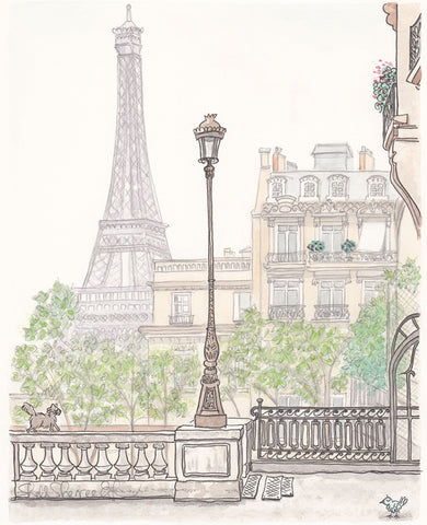 illustration french wall art of eiffel tower Paris with street lamp, trees, buildings and cute cat by shell sherree