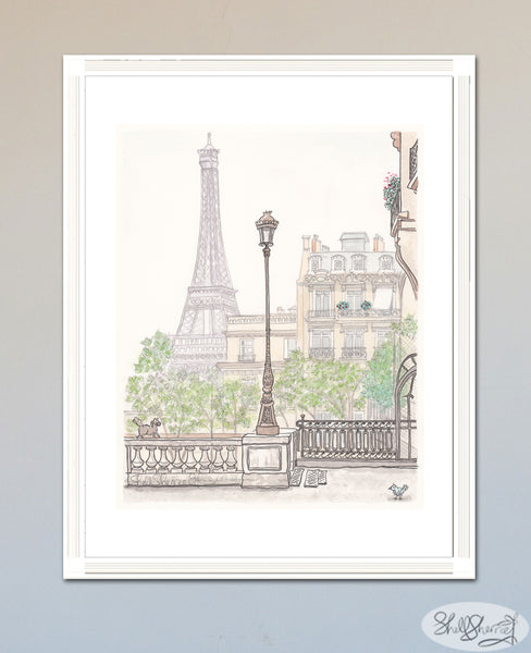 illustration french wall art of eiffel tower Paris with street lamp, trees, buildings and cute cat by shell sherree