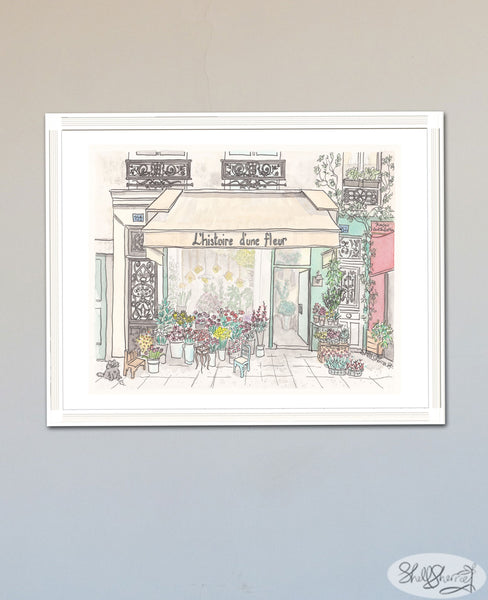 French art print of watercolour illustration of Paris flower shop  L'Histoire D'Une Fleur, created by artist Shell Sherree.  Lovely cream awning with flowers and balconies. 