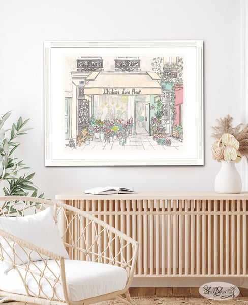 French art print of watercolour illustration of Paris flower shop  L'Histoire D'Une Fleur, created by artist Shell Sherree.  Lovely cream awning with flowers and balconies. 