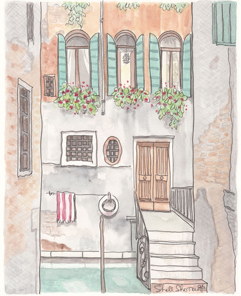 illustration of quaint Venice canal in Italy Europe showing a villa with green shutters, flowering plants and a beautiful patina, wall art decor by Shell Sherree