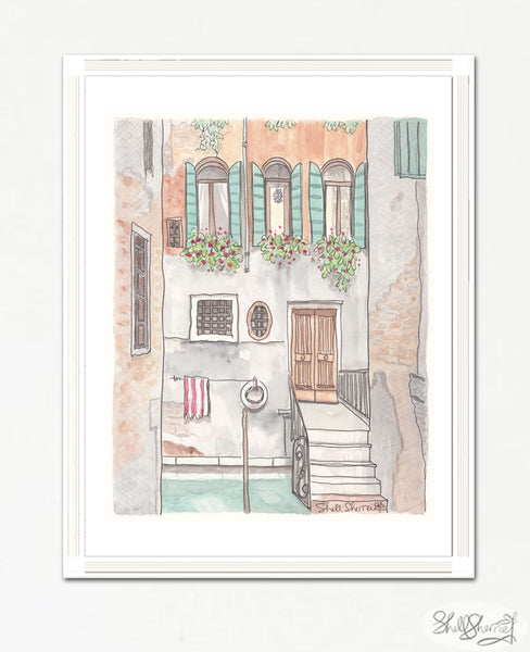 framed artwork of quaint Venice canal in Italy Europe showing a villa with green shutters, flowering plants and a beautiful patina, wall art decor by Shell Sherree