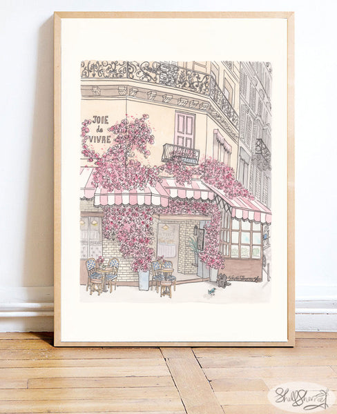 framed wall art print of french cafe in paris with pink and white striped awnings, balconies, tables and chairs, black cat and bluebird and masses of pink flowers, original illustration by shell sherree