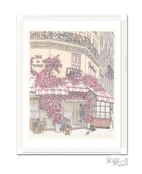 white framed wall art print of french cafe in paris with pink and white striped awnings, balconies, tables and chairs, black cat and bluebird and masses of pink flowers, original illustration by shell sherree