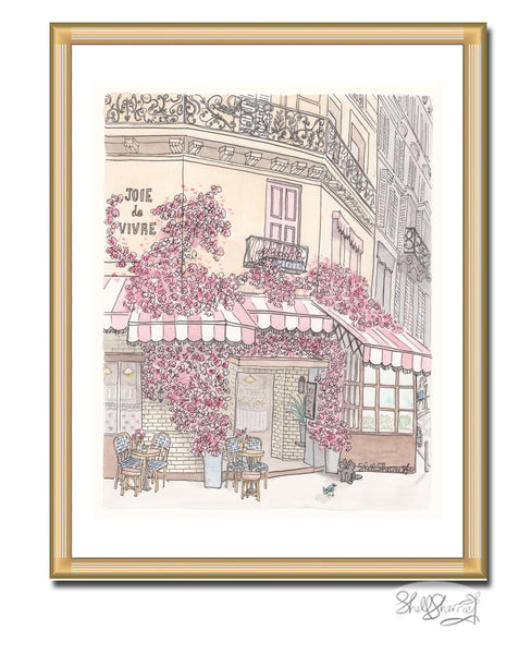 gold framed wall art print of french cafe in paris with pink and white striped awnings, balconies, tables and chairs, black cat and bluebird and masses of pink flowers, original illustration by shell sherree