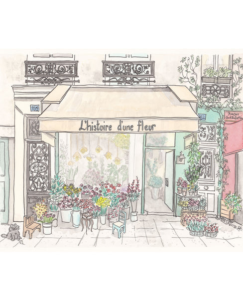French art print of watercolour illustration of Paris flower shop  L'Histoire D'Une Fleur, created by artist Shell Sherree.  Lovely cream awning with flowers and balconies. 
