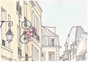paris wall art print bicycle romance and french architecture illustration by shell sherree