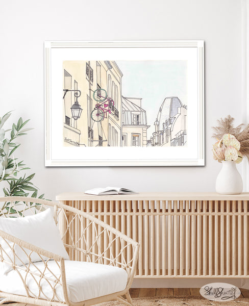paris wall art print bicycle romance and french architecture illustration by shell sherree