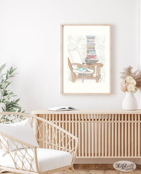 wall art print for book lovers date with a stack of light readingby shellsherree