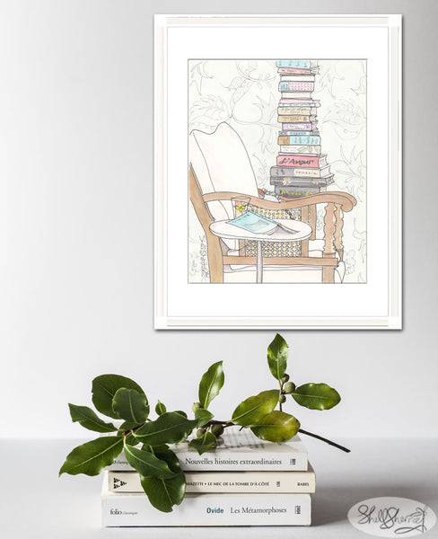 library wall art book illustration print date with a stack of light reading by shell sherree