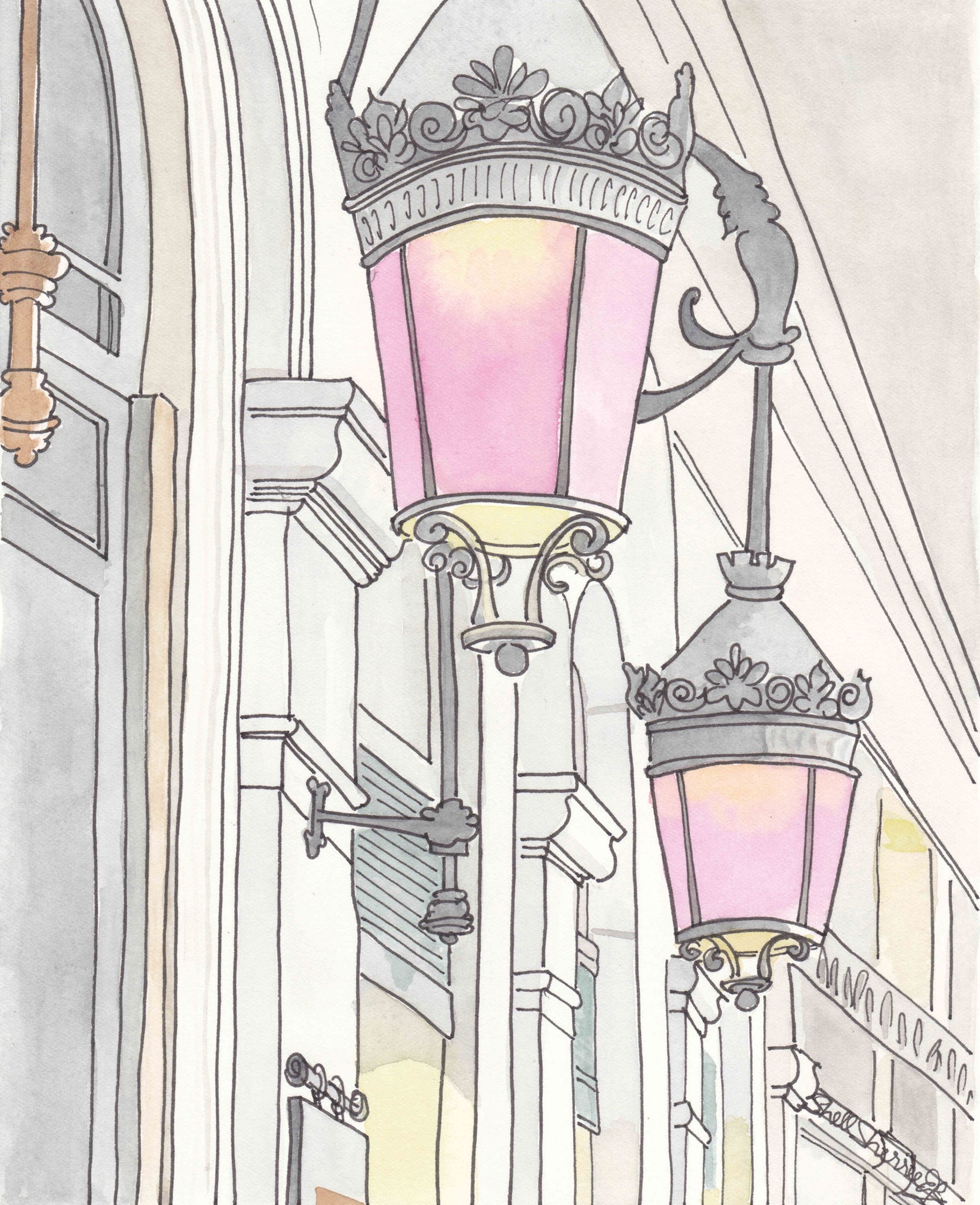 french wall art paris lamps with pink glass illustration by shell sherree