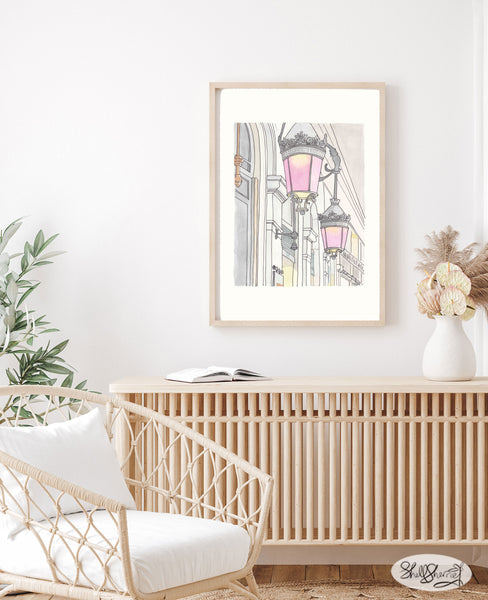 french wall art paris lamps with pink glass illustration by shell sherree