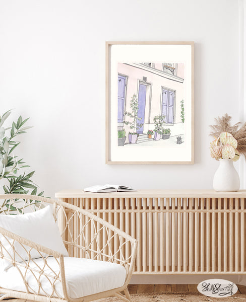 French art print provence purple doors with cat and pot plants by shellsherree