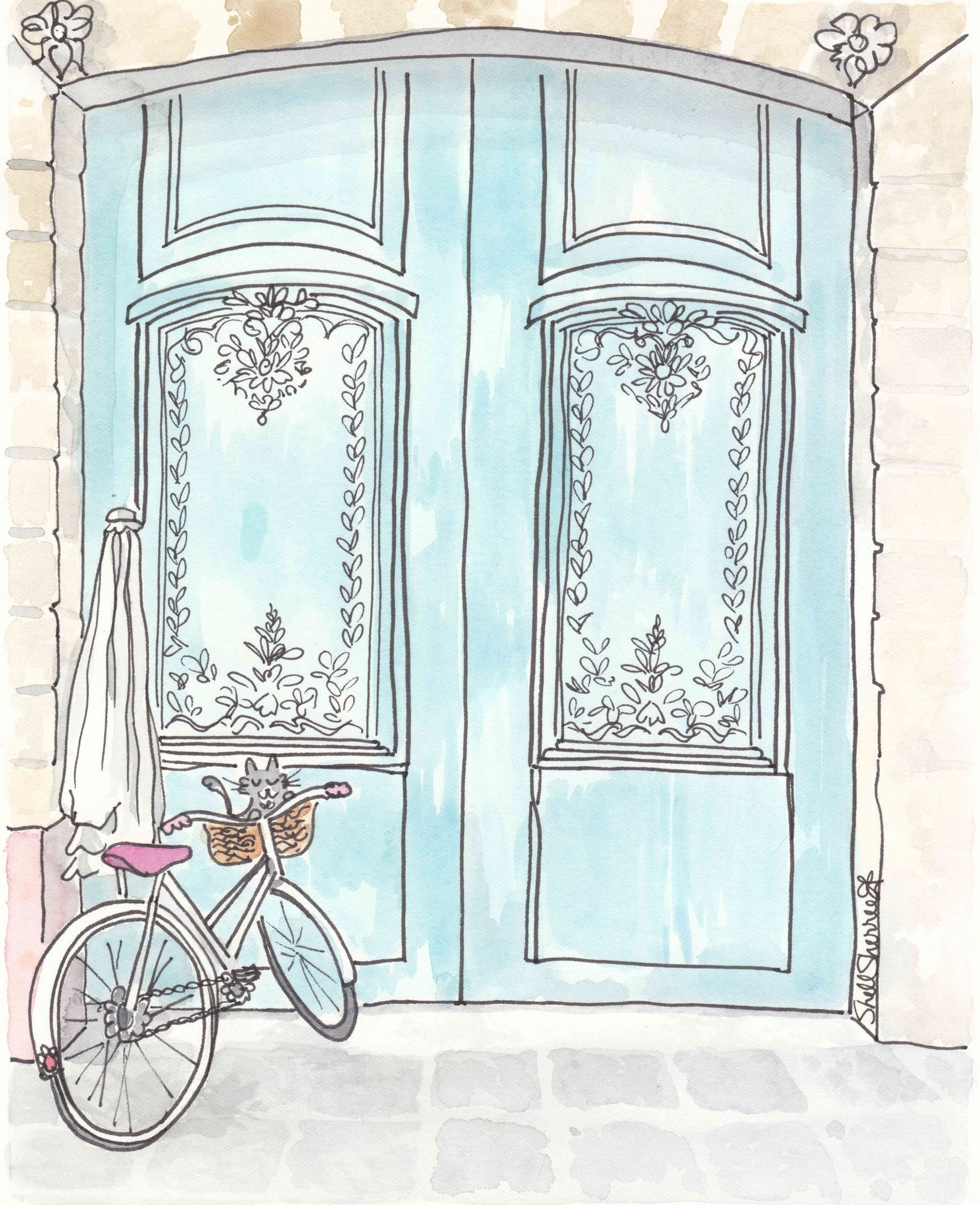 paris print aqua doors bicycle and cat by shell sherree