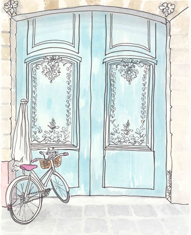 paris print aqua doors bicycle and cat by shell sherree